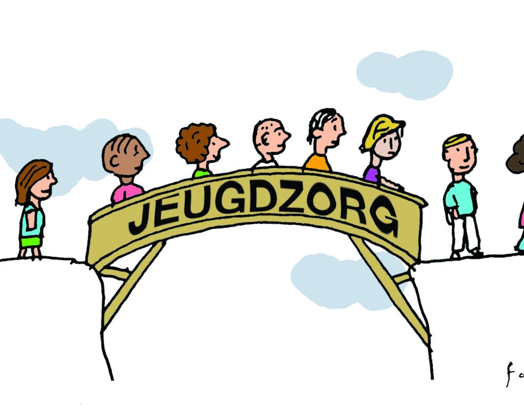 Illustratie van kinderen die een brug oversteken met het woord ‘jeugdzorg’.