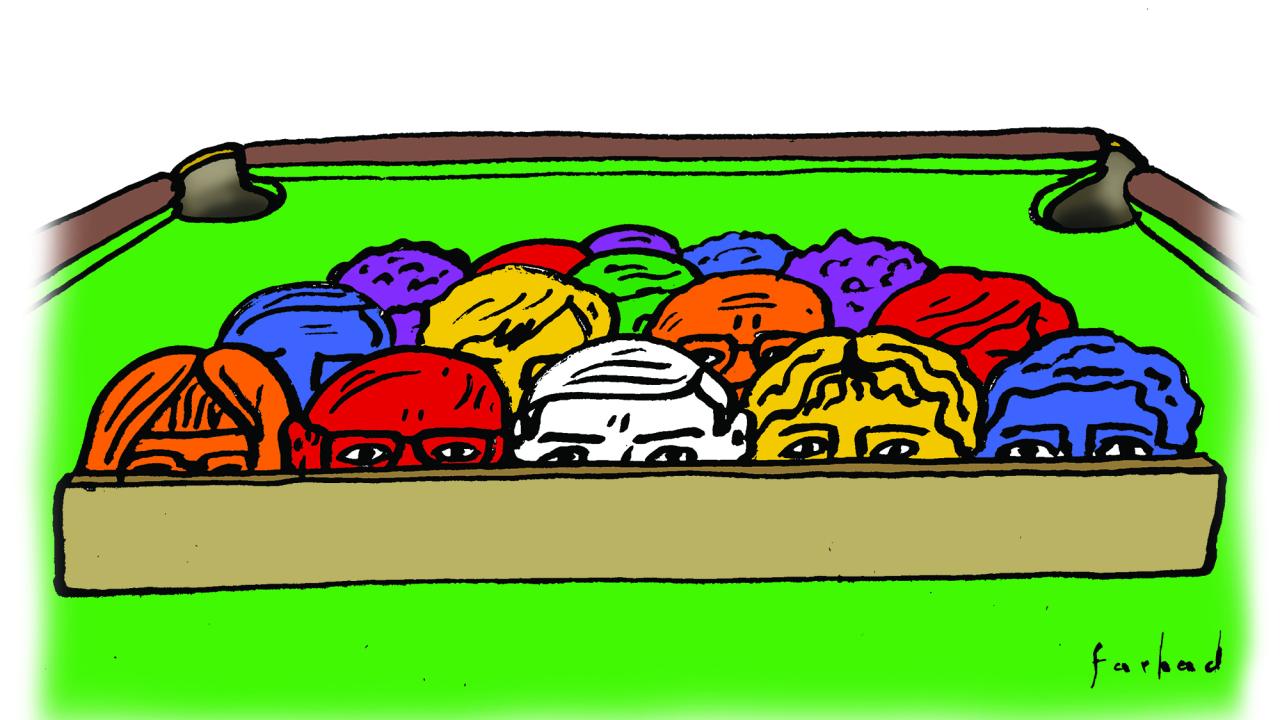 Illustratie van pooltafel met veelkleurige hoofden als biljartballen