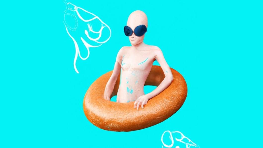 A futuristic poster of a person in a swimming band that has the shape and look of a donut without sugar'.